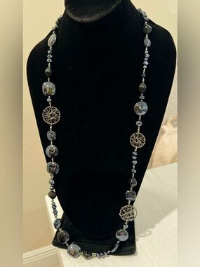 Long Black Beaded Necklace with Metallic Dreamcatcher Accents